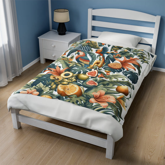 Jungle Birds & Fruits Velveteen Plush Blanket - Annoyed Aroids